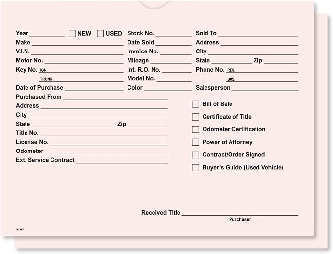 Printed Vehicle Deal Jackets Envelopes Folders for Auto Car Dealerships - 9x12 Size - Dealer Supplies - New and Used Cars - 100 Quantity (Pink)