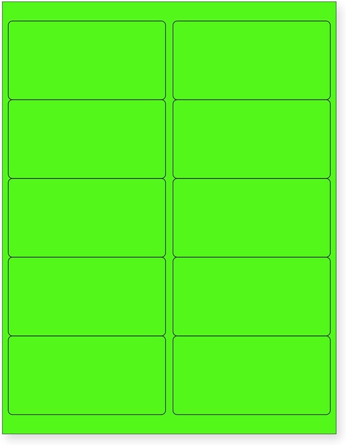 8-1/2 x 11 Neon Color High Light Fluorescent Labels for Laser & Inkjet Printer (Green Fluorescent, 4 x 2-10 Per Page | 500 Labels)