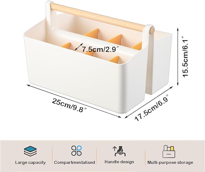 Desk Organizer, Pen Holder, Marker organizer with 8 Compartments - Portable Plastic Pencil Storage Box for Office Supplies, Art Materials, Home Organization (White Large)