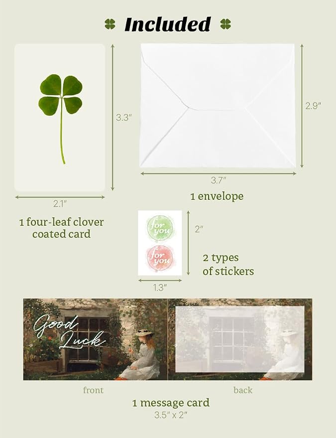 Genuine Real Four-Leaf Clover Bookmark, Elegant Bookmark, Smartphone, Wallet Coated Gift Thank You Card Four-Leaf Clover Gift (Fine Art Card)