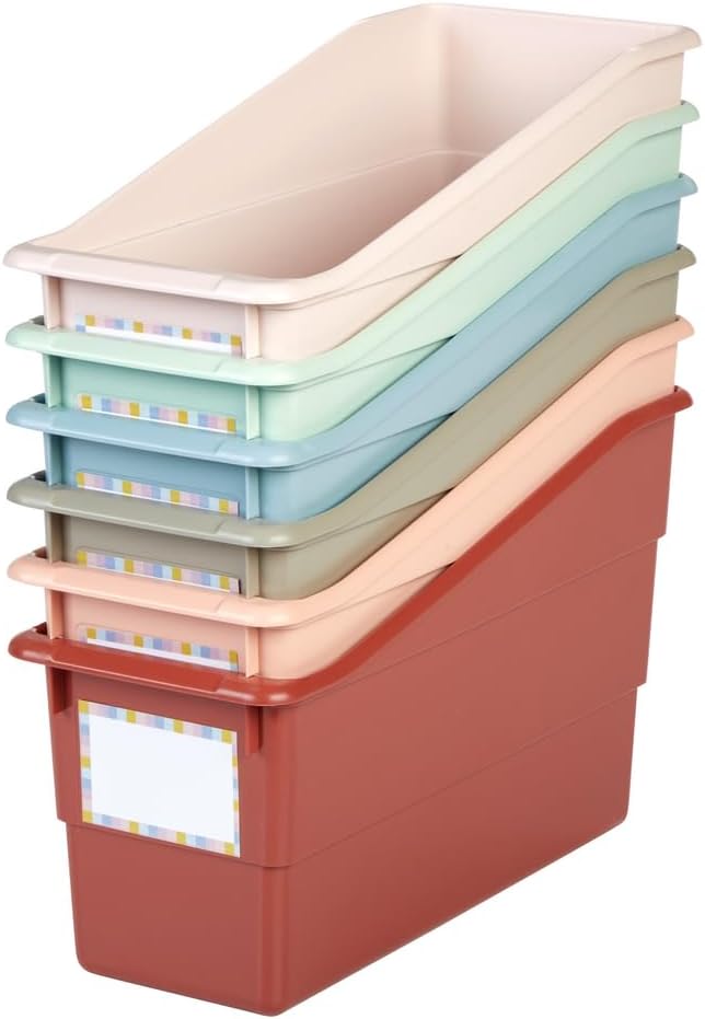 Really Good Stuff Durable Book and Binder Holders- Set of 6 Boho Colors - Plastic Storage Bins for Classroom and Office - File Folder Organizer, Magazine Holder, Book Display