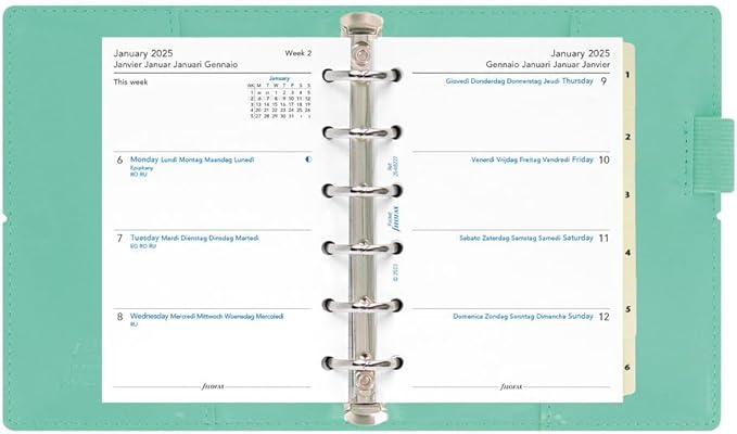 Filofax Domino Patent Organizer, Pocket Size, Turquoise - High-Gloss, Contemporary, Six Rings, Week-to-View Calendar Diary, Multilingual, 2025 (C022513-25)