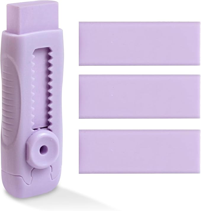 3+1 Pack Retractable Erasers – Soft Rubber Push-Pull Pencil Erasers with Plastic Sleeve & 3 Refills for School, Home, or Office (Purple)