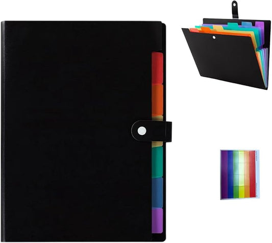 Black Accordion File Folder 8 Pockets Expanding File Organize with Labels,A4 Letter Size Paper Document Receipt Organizer Accordion Filing Folder for Classroom,Home,Office