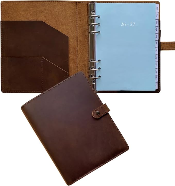 2026-2027 Leather Planner - A5 Genuine Leather Binder Planner with Weekly & Monthly Pages for Men and Women, Inner Pockets and Pen Holder, Refillable