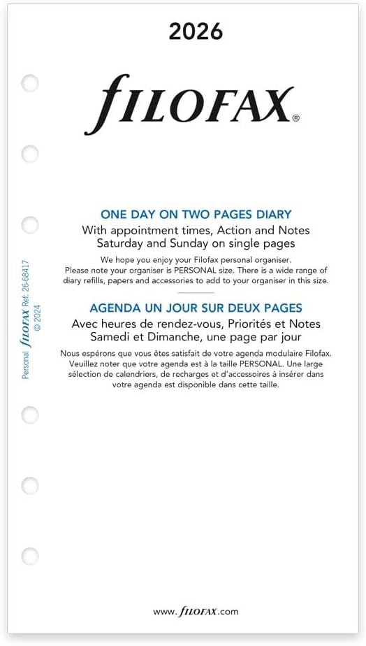 Filofax Calendar Diary Refill, Personal/Compact Size, Day on Two Pages with Appointments, White Paper, Bilingual, 2026 (C68417-26)