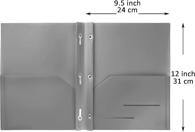 Youngever 6 Pack Heavy Duty Plastic Two Pocket Folders with 3 Prongs, Metal Prongs Fastener, Heavy Duty Plastic 2 Pocket Folder (Grey)