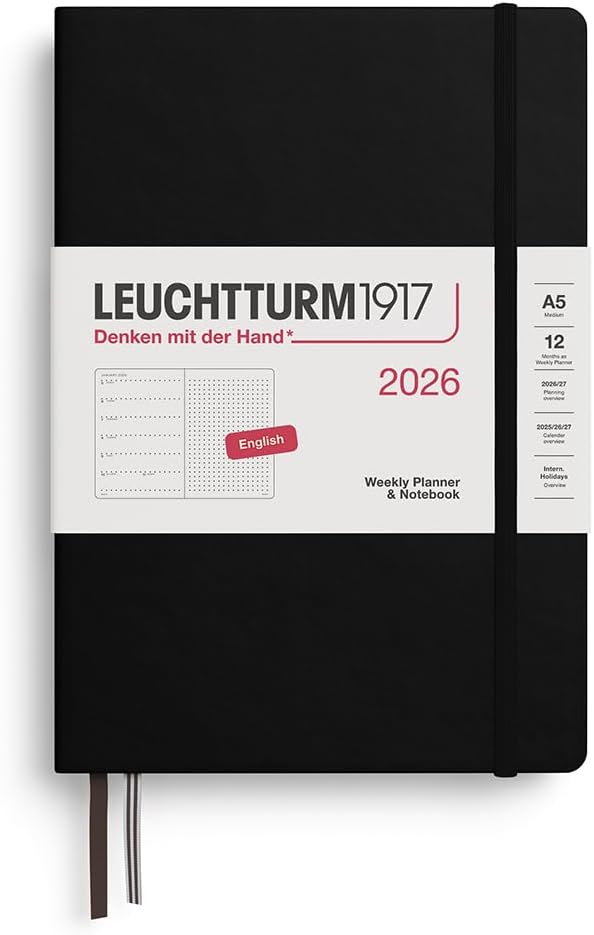 LEUCHTTURM1917 - Weekly Planner & Notebook 2026, Hardcover, Medium (A5), Dotted, Black (Jan 1 - Dec 31, 2026)
