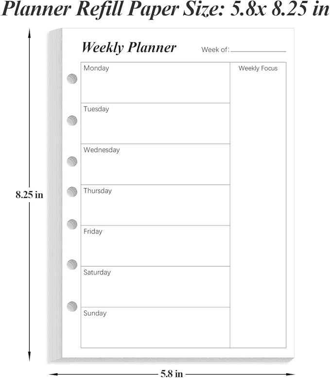 Weekly Planner Refills for 3 or 7 Ring Mini Binders - 53 Sheets/106 Pages Undated Weekly Planner, 100 gsm White Paper, Lasts 1 Year, Undated, 5.8" x 8.3", Black