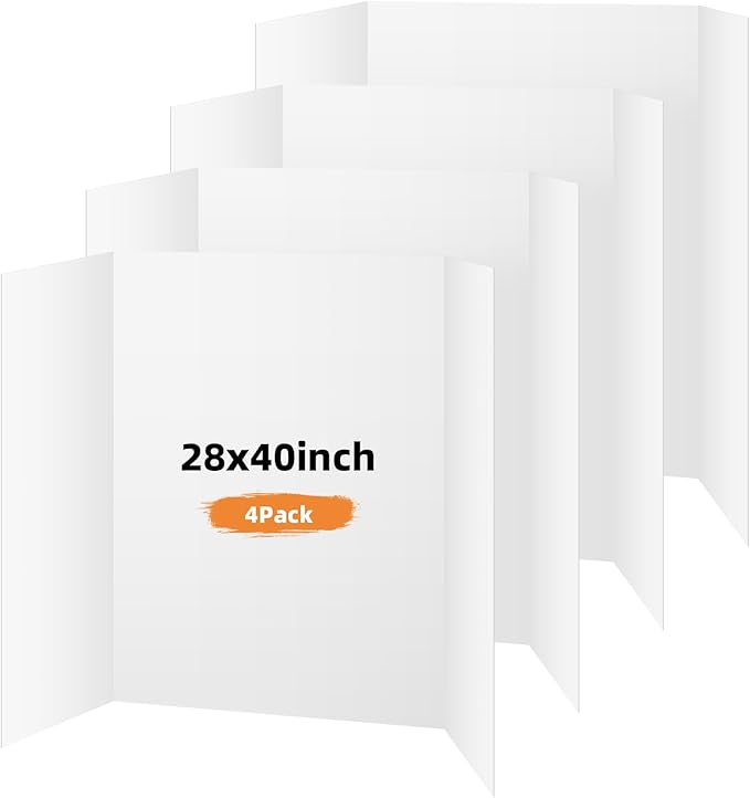 4 Pack Trifold Poster Board, 28x40 Inches White Presentation Board, Portable Display Board for Science Fair, School DIY Project and Business Exhibitions
