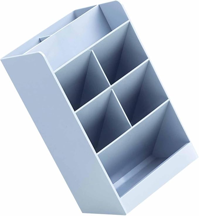Tissting Slanted Desk Organizer Blue 7 Compartments - Space Saving Pen Holder for Office School Supplies with Multi-Use Storage Compartments for Stationery, Cosmetics, and Jewelry Organization