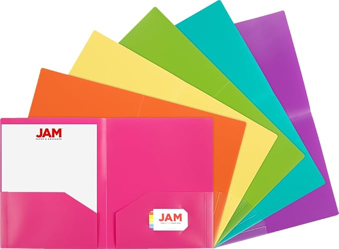 JAM PAPER Heavy Duty Plastic 2 Pocket Extra Tough School Folders - Assorted Fashion Colors - 24 Folders/Pack (4 Assorted Packs of 6)