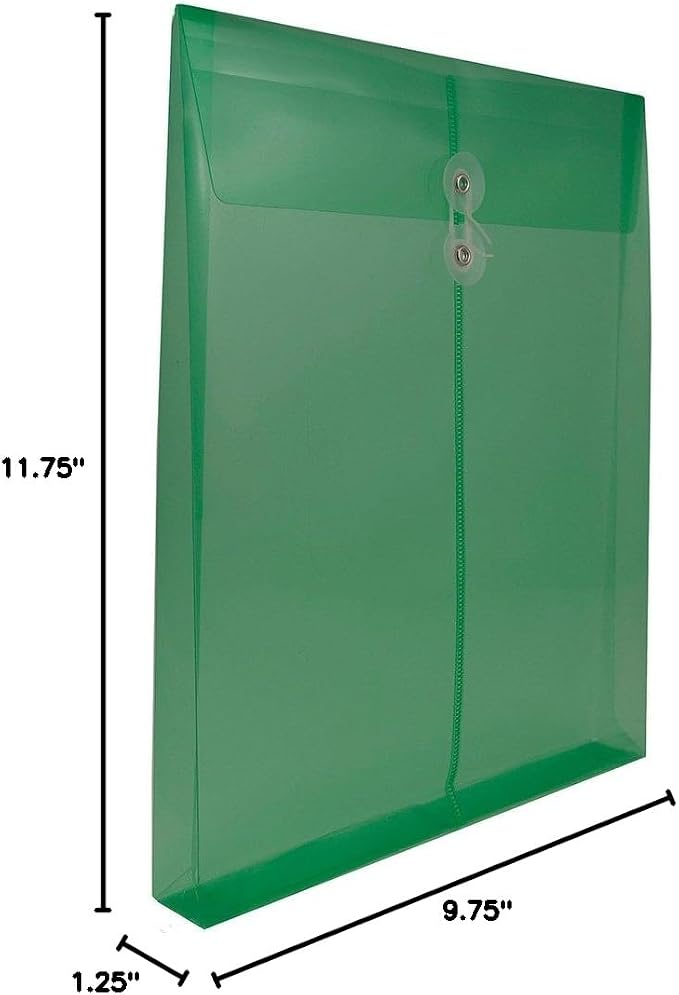 JAM PAPER Plastic Envelopes with Button & String Tie Closure - Letter Open End - 9 3/4 x 11 3/4 - Green - 12/Pack