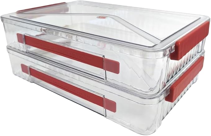 2 Pack Clear Plastic File Storage Boxes with Latching Lids, Transparent Certificate Organizer, Portable Project Case for Drawers, Clear Stackable File Box for A4 Files (‎Red Latches, Large)