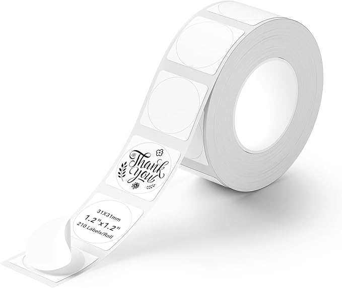 NIIMBOT Label Tape for B1/B21/B3S, 1.2" X 1.2" (31x31mm) Round, Thermal Label Sticker for Logo/Candles/Gifts/Mailing/Jars/Bottles, 210 Labels/Roll, White