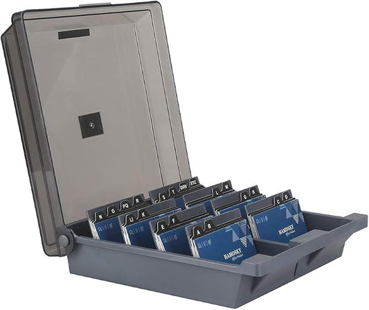 Business Card Storage Box 1000 Cards, 8 Dividers and A-Z Guides - Grey