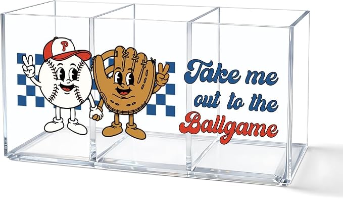 Funny Baseball Lover Acrylic Pen Holder 3 Compartment, Take Me Out To The Ballgame Desk Organizer for Office Home, Back to School Gifts for Women Men Teachers Sports Lovers Baseball Mom Players