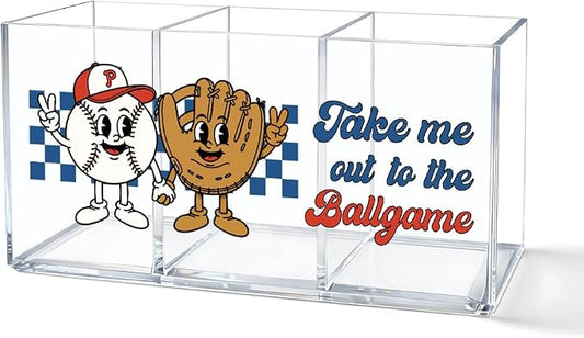 Funny Baseball Lover Acrylic Pen Holder 3 Compartment, Take Me Out To The Ballgame Desk Organizer for Office Home, Back to School Gifts for Women Men Teachers Sports Lovers Baseball Mom Players