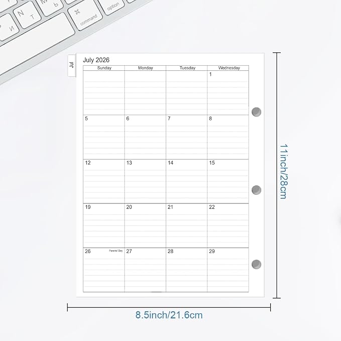2026-2027 Monthly Planner Refill, Jul 2026 to Jun 2027, Two Pages Per Month, Letter Size, 8-1/2" x 11",3-Hole Punched,2026-2027 Planner Inserts