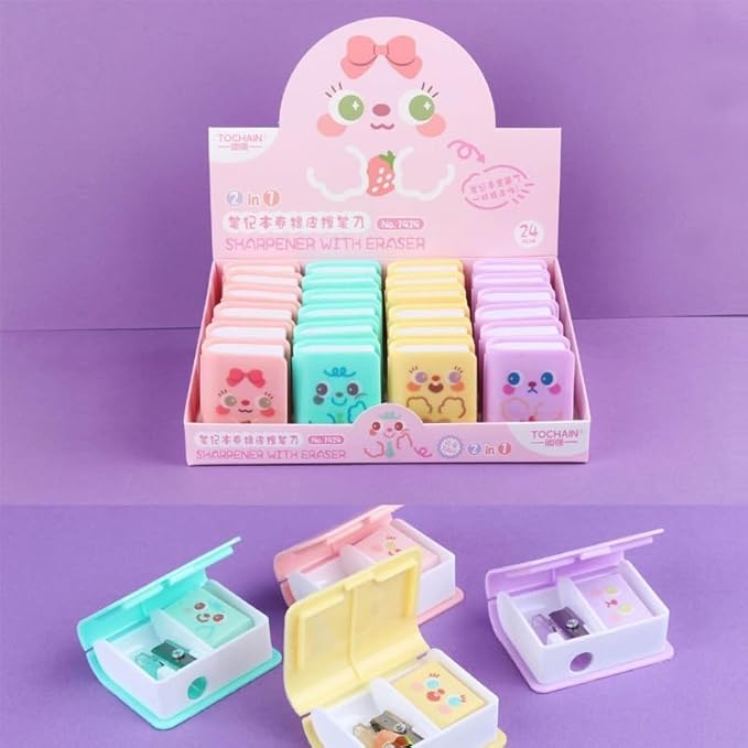 4Pcs Cute Dual Purpose Book Pencil Sharpener Eraser, Cute Cartoon Student Eraser Pencil Sharpener Office Supplies Writing and Correction Supplies
