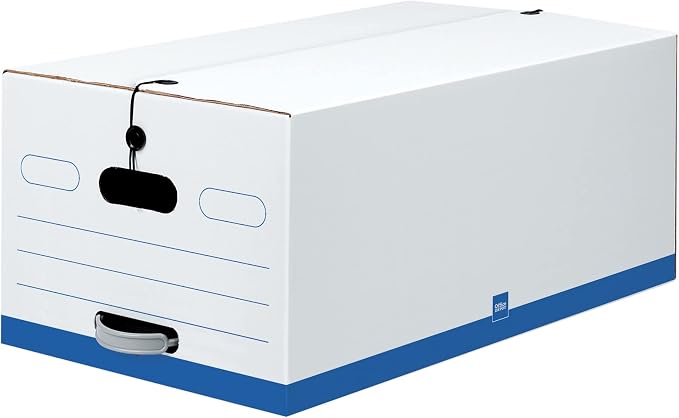 Office Depot® Brand Quick Set-Up Storage Boxes With String & Button Closure, Legal, 24" x 15" x 10", 60% Recycled, White/Blue, Pack Of 12