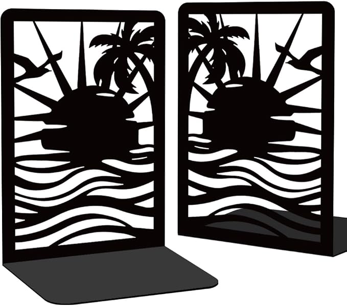 Sunrise Book Shelf Decorative Bookends for Shelves, Book Ends for Heavy Books, Black Beach Metal Bookends for Desk Organizer, Office Library Decor Decorative Books for Home Decor