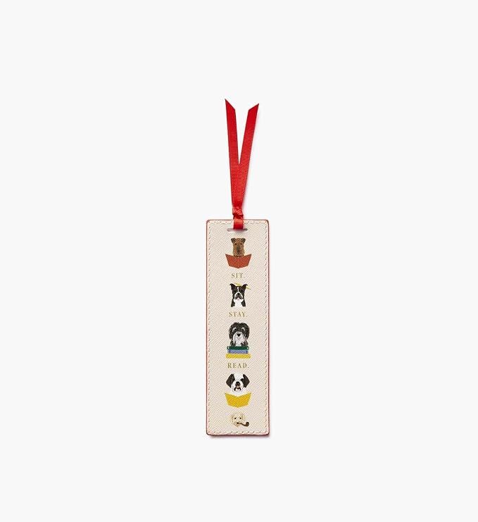 RIFLE PAPER CO. Studious Dogs Bookmark 6" L x 1.75" W, Saffiano PU with a Grosgrain Ribbon, Metallic Gold Foil Logo, Perfect for Book Lovers, Writers, & Readers