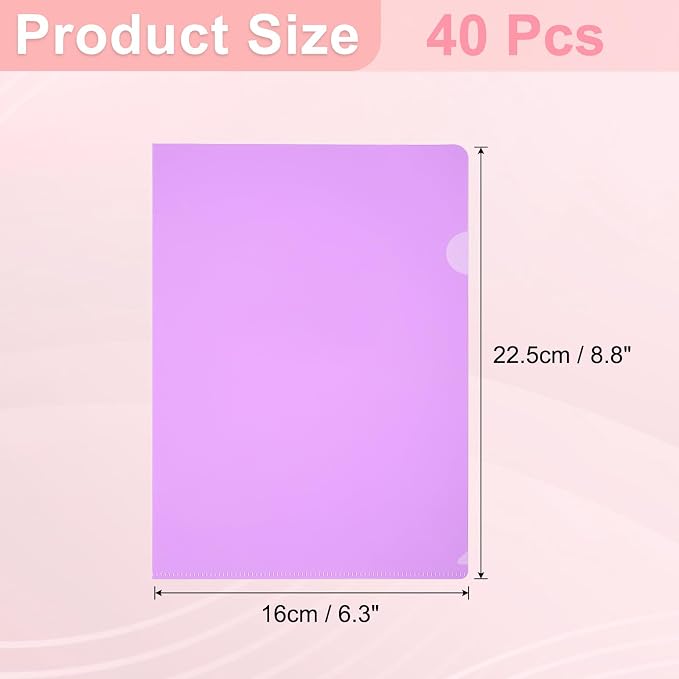 PATIKIL A5 Plastic Folders, 40 Pack Clear Folders L Type Project Pockets Paper Document Jacket Sleeves L Shaped Transparent for Documents Plastic Office File, 6.3x8.8in, Purple