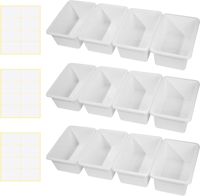 Outus 48 Pcs White Plastic Cubby Bins Bulk for Classroom Organization Small Stackable Book Bins Toy Storage Organizer Tubs Box Container with 120 Self Adhesive Label for Library School Office Home