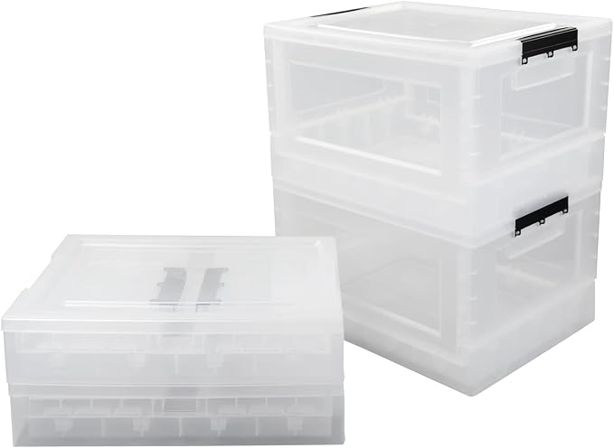 4-Pack 32 Quart Clear Collapsible Storage Box with Lid | Folding storage crate, folds flat for compact storage, see-through design keeps items visible