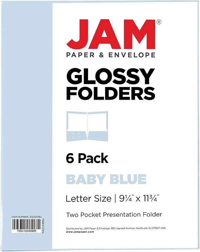 JAM PAPER Laminated Two Pocket Glossy School Folders - Letter Size - High Gloss Baby Blue - Bulk 25/Pack