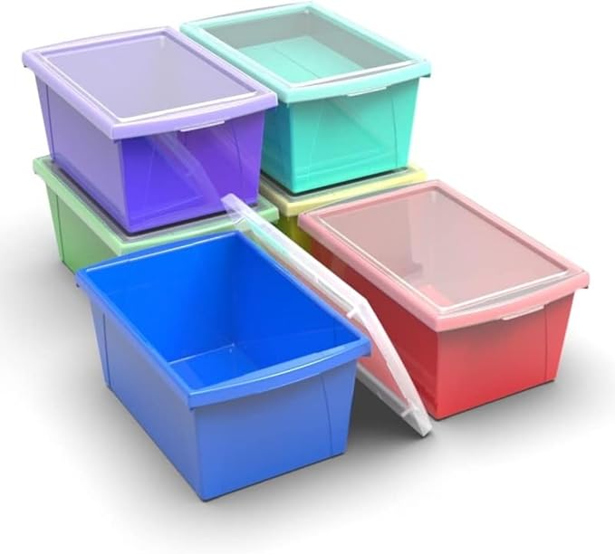 Storex 5.5 Gallon Storage Bin with Lid – Plastic Classroom Organizer for Books and Supplies, Assorted Colors, 6-Pack (62741U06C)