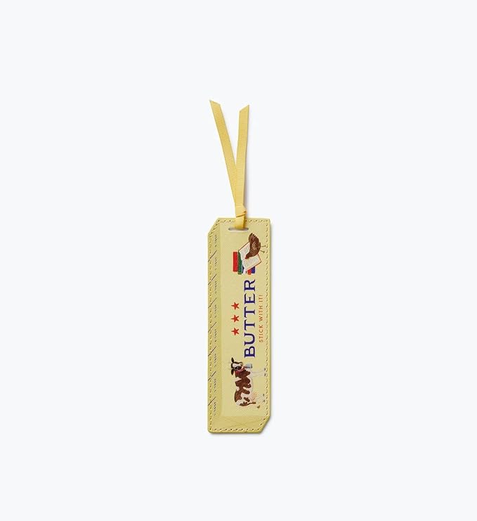 RIFLE PAPER CO. Butter Stick with It Bookmark, 1.75" W x 6" L, Playful Butter Stick with It Text, Wipe-Clean Saffiano Polyurethane, Grosgrain Ribbon, Gold Foil Logo