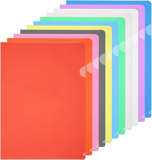 PATIKIL A4 Plastic Folders, 40 Pack Clear Folders L Type Project Pockets Paper Document Jacket Sleeves L Shaped Transparent for Documents Plastic Office File, 8.7x12.2in, 10 Color