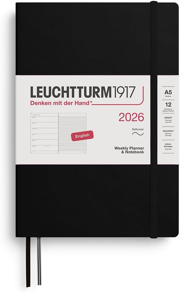 LEUCHTTURM1917 - Weekly Planner & Notebook 2026, Softcover, Medium (A5), Ruled, Black (Jan 1 - Dec 31, 2026)