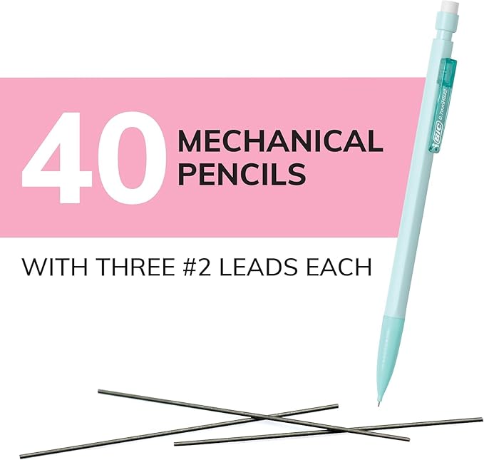 BIC Xtra-Smooth Pastel Mechanical Pencils with Erasers, Medium Point (0.7mm), 40-Count Pack, Bulk Mechanical Pencils for School or Office Supplies