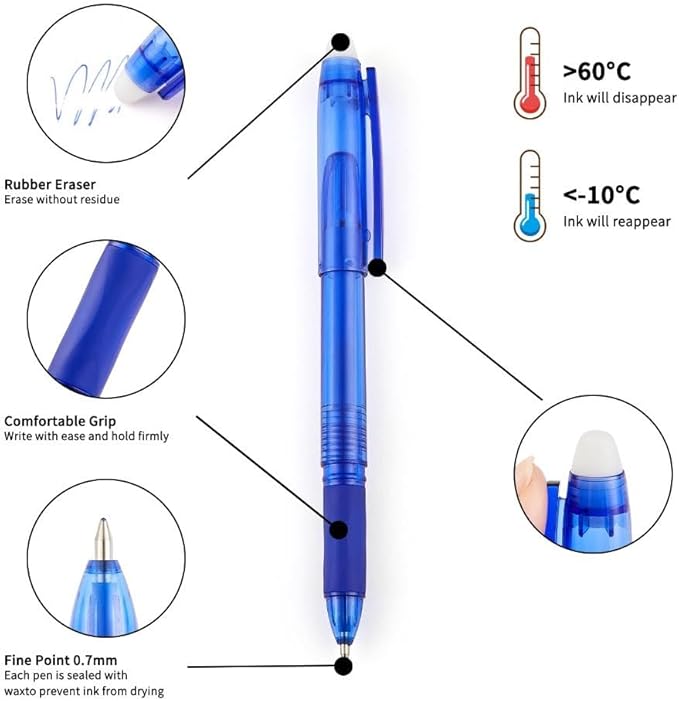 Volcanics Erasable Gel Pens, 0.7mm Fine Point Gel Erasable Ink Pens with Eraser - Rocket Book Pens, Soft Black and Blue, 12 Pack, Smooth Writing Pens Pencil-Like Precision for Home School & Office