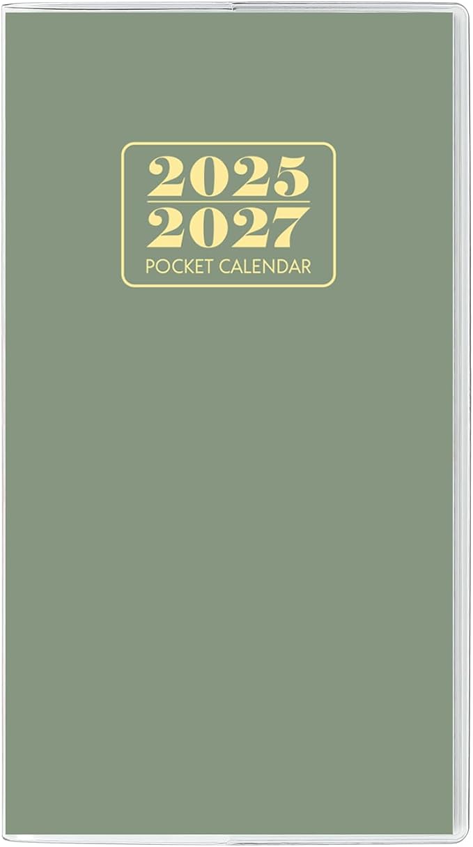 Pocket Calendar 2025-2027, Monthly Purse Planner (6.7" x 3.7") Runs from July 2025 to December 2027, Solid Green Pocket Calendar with PVC Cover for Planning, Organizing, and Office Use