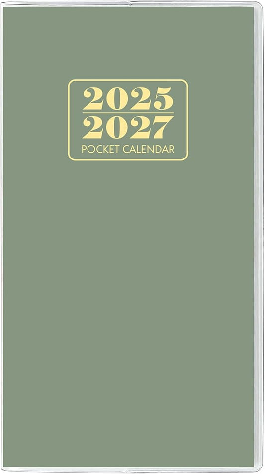 Pocket Calendar 2025-2027, Monthly Purse Planner (6.7" x 3.7") Runs from July 2025 to December 2027, Solid Green Pocket Calendar with PVC Cover for Planning, Organizing, and Office Use