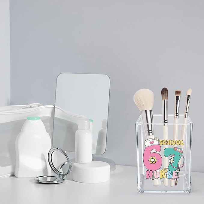 Funny 67 School Nurse Acrylic Cosmetic Pencil Pen Holder Cup Gifts for School Nurse Pink Girly Cute Decor for Home Office Desk Vanity Organizers and Accessories
