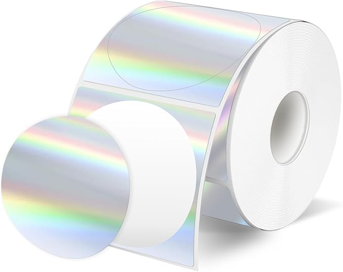 2 Inch Holographic Thermal Labels, Circle Direct Thermal Labels Stickers, Self-Adhesive Round Thermals Printer Label for DIY Logo Design (300Pcs, Holographic Silver)