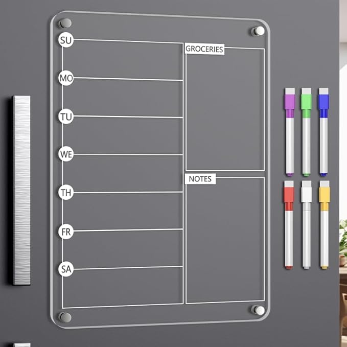 Acrylic Meal Planner Magnetic Menu Board for Kitchen Fridge, 13"x9" Clear Weekly Calendar Planning Board Noteboard Refrigerator Dry Erase Board to Do/Grocery/Shopping Lis Includes 6 Markers