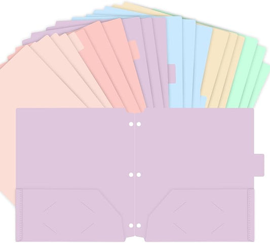 Binditek 18 Pack Pastel Pocket Folders for 3 Ring Binder, Plastic Folders with 2 Pockets, Unique 1/3 Cut Tabs with Colorful Labels, for Office Classroom, Letter Size