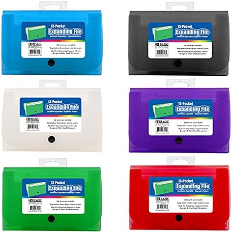 BAZIC Products 13-Pocket Expanding File, Coupon/Check Size, Accordion Poly Body, for School Office Documents, Set of 6