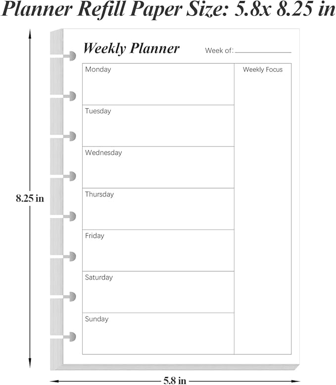 (2-Pack) Weekly Planner Undated Refills - Junior Size 106 Sheets/212 Pages Weekly Planner for 8-Disc Discbound, 100 gsm White Paper, Lasts 1 Year, Undated, 5.8" x 8.3", Black