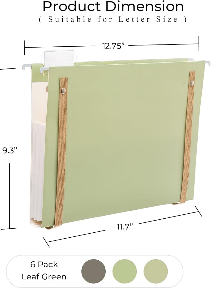 Y YOMA 6 Pack Extra Capacity Hanging File Folders with Handle Letter Size Accordion Decorative Reinforced File Folder Cute Colored Expandable Portable Folder with 1/5-Cut Adjustable Tabs, Leaf Green