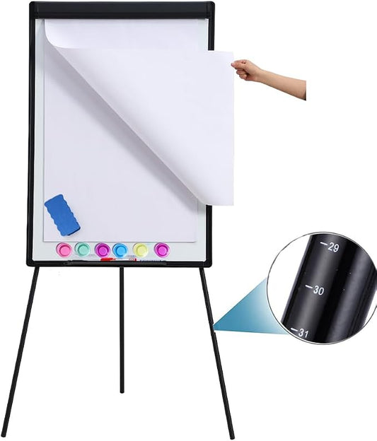40" x 28" Magnetic Dry Erase Easel Board with Tripod Stand, Height Adjustable Office Presentation Writing Board Easel, Includes 25 Sheets Flip Chart Paper Pad, Magnets & Eraser, Black Frame