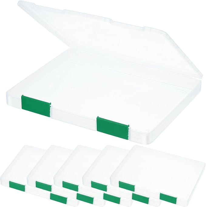 PATIKIL Clear A4 File Portable Project Case with Buckle Plastic Storage Box for 8.5" x 11" Letter Paper Scrapbook Paper Storage Boxes, 6Pcs, 12.4"x9.8"x1.2", Dark Green