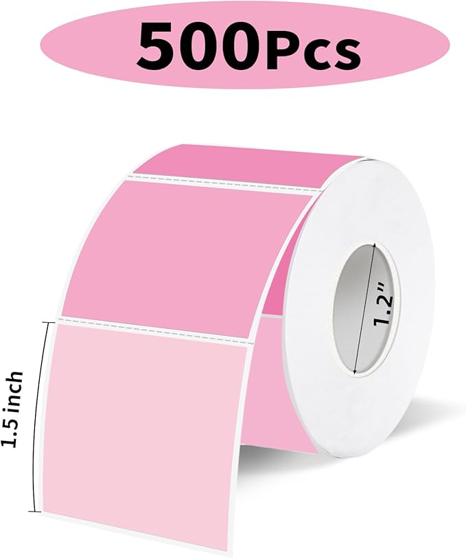 1.5 Inch Square Thermal Label Printer Stickers, Pink Gradient Self-Adhesive Direct Thermal Labels Stickers, Waterproof/Perforation Line Design- 500 Sheets
