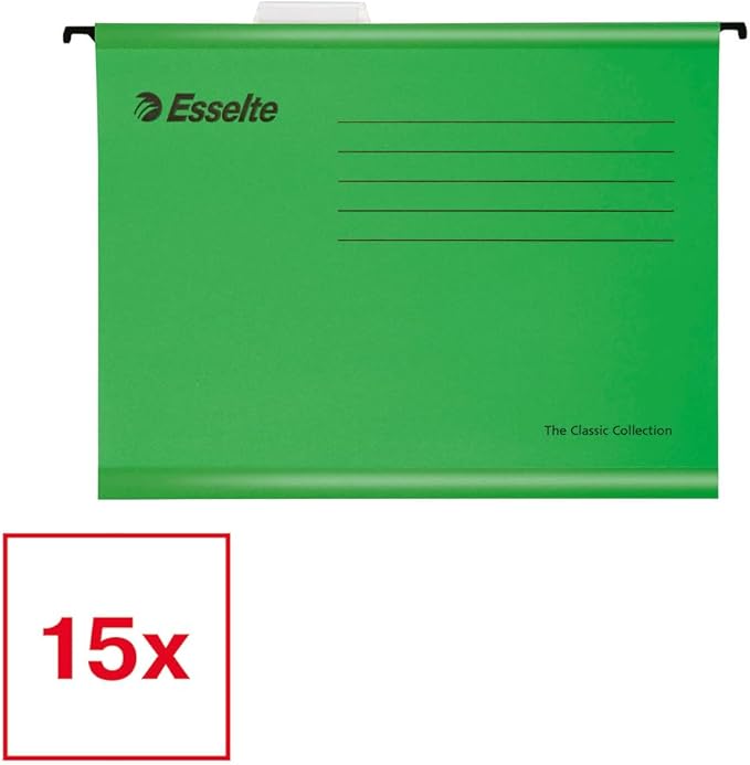 Esselte A4 Reinforced Filing Cabinet Suspension File, Pack 15, Made from Strong 100% Recycled Card, with Tabs and Card Inserts, for Home, Office, School Organisation, Green